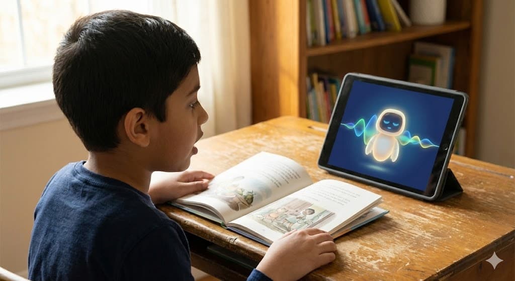 Child reading a physical book with MIA listening